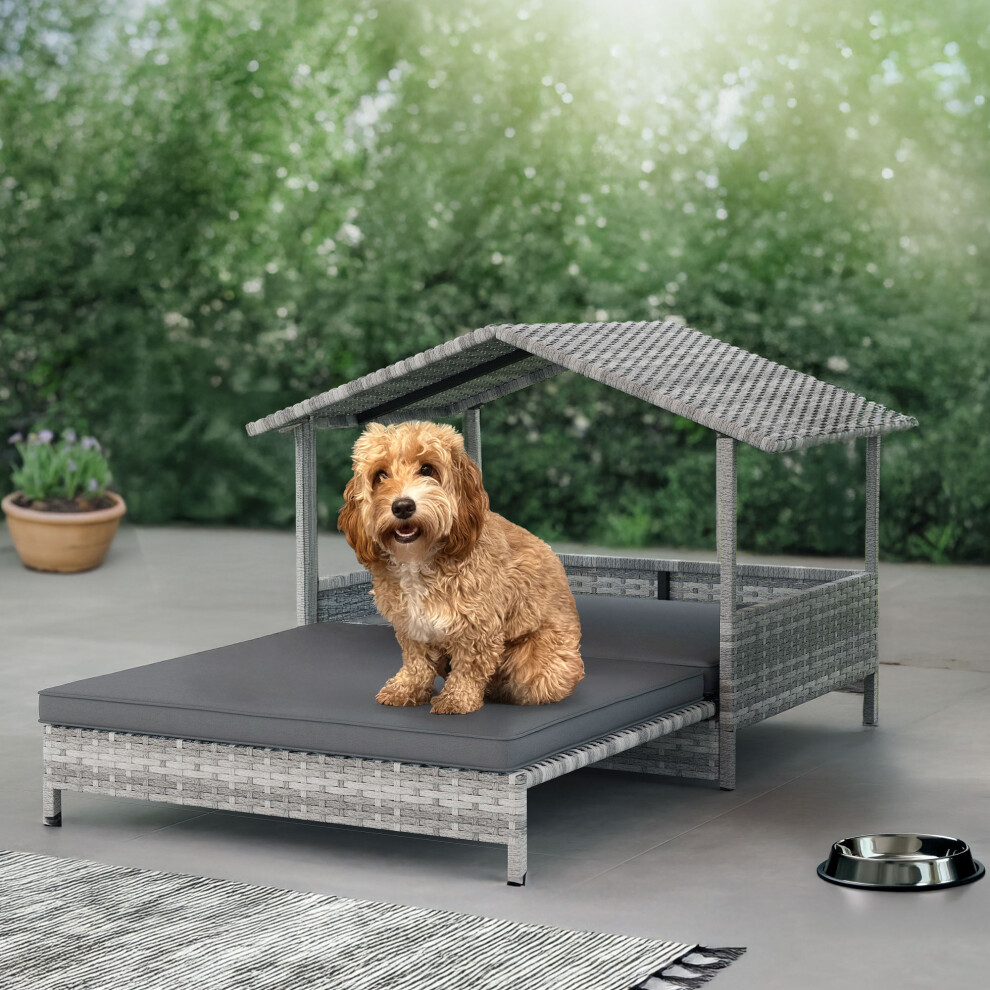 Neo Rattan Dog House Extendable Outdoor Wicker Dog Bed Water-Resistant Roof Removable Cushion Pets Cats Dogs Charcoal Grey