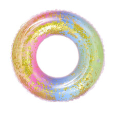 (As show, One size) Thicken Sequins Translucent Gradient Rainbow Inflatable Swim Ring Safety Aid Float Seat Ring Sports Accessory for Adult Woman (60cm after Inflation)