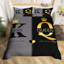 (Gold Black Grey, King(No Comforter)) King and Queen Crown Duvet Cover Black White Mr Mrs Double Bedding Set For Adults Men Women,His And Hers Couple Comforter Cover Valentine'S Day