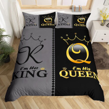 (Black Grey Gold, King(No Comforter)) King and Queen Crown Duvet Cover Black White Mr Mrs Double Bedding Set For Adults Men Women,His And Hers Couple Comforter Cover Valentine'S Day