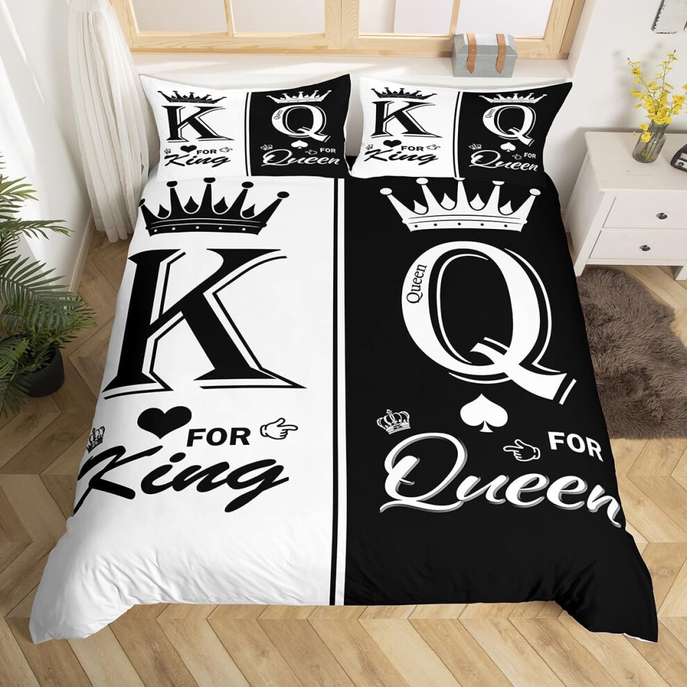 (Black and White, Single(No Comforter)) King and Queen Crown Duvet Cover Black White Mr Mrs Double Bedding Set For Adults Men Women,His And Hers Couple Comforter Cover Valentine'S Day