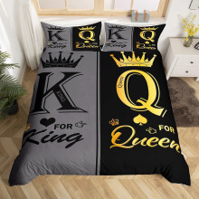 (Grey Black Gold, Single(No Comforter)) King and Queen Crown Duvet Cover Black White Mr Mrs Double Bedding Set For Adults Men Women,His And Hers Couple Comforter Cover Valentine'S Day