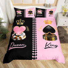 (Pink Black Gold White, Single(No Comforter)) King and Queen Crown Duvet Cover Black White Mr Mrs Double Bedding Set For Adults Men Women,His And Hers Couple Comforter Cover Valentine'S Day