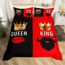 (Red Black Gold, Single(No Comforter)) King and Queen Crown Duvet Cover Black White Mr Mrs Double Bedding Set For Adults Men Women,His And Hers Couple Comforter Cover Valentine'S Day