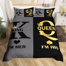 (Gold Grey Black, Super King(No Comforter)) King and Queen Crown Duvet Cover Black White Mr Mrs Double Bedding Set For Adults Men Women,His And Hers Couple Comforter Cover Valentine'S Day