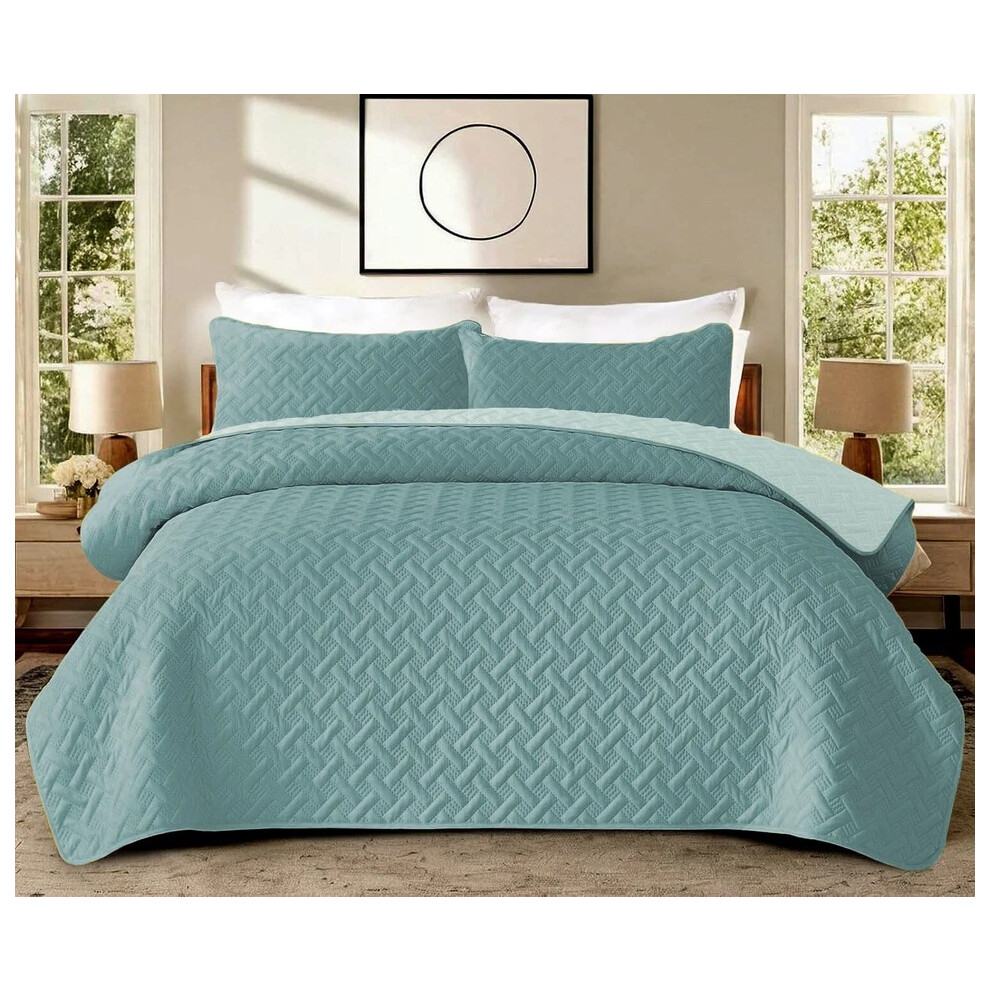(Duck Egg, Super King (270 x 260 cm )) 3 Piece Quilted Bedspread Basket Weave Bedding Set Single Double King Bed Throw
