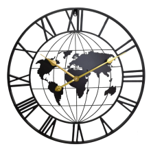 Metal World Map Design Wall Clock with Roman Numerals