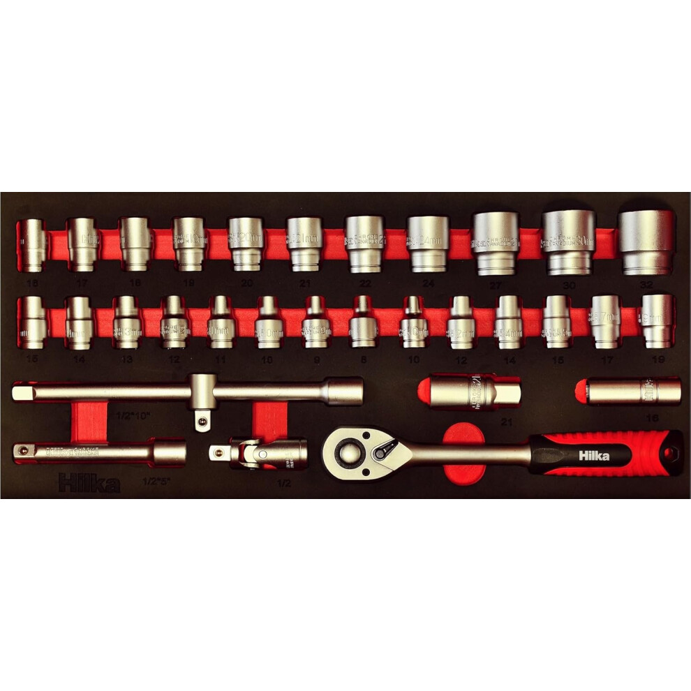 Hilka Socket Set 32 Pce Metric 1/2 " Drive Tool Kit In Eva Foam