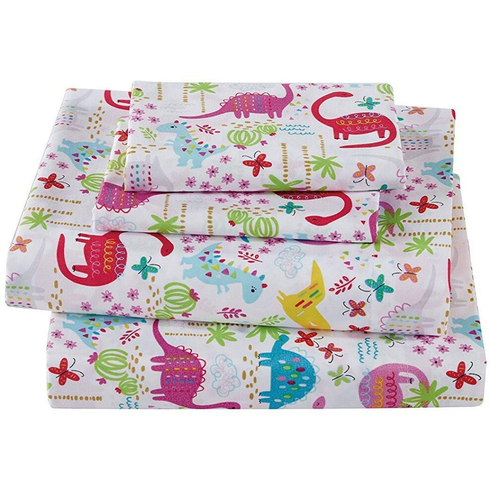 Parure de lit imprimée 3 pièces avec taies d'oreiller et drap-housse plat pour filles/enfants Motif dinosaures Blanc Rose Bleu Vert Violet