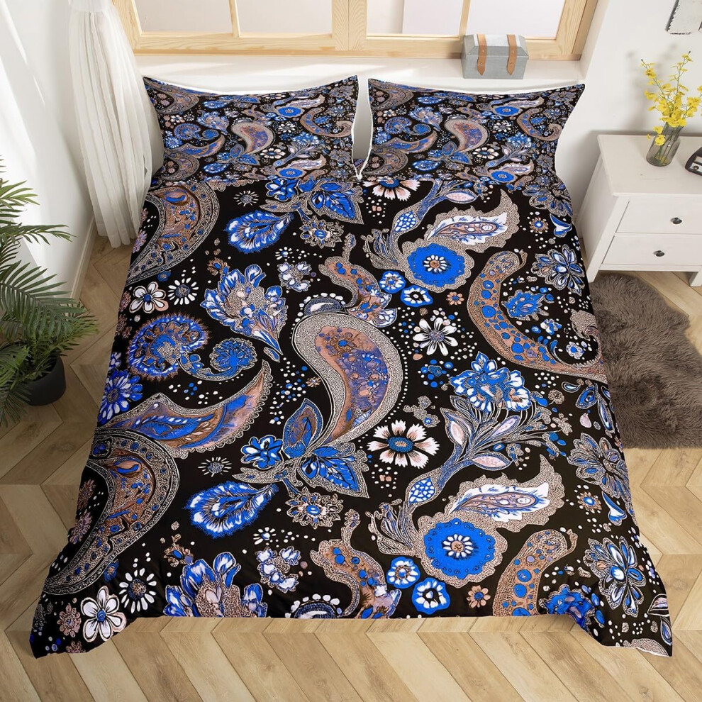 (Black Blue, Double(No Comforter)) Paisley Duvet Cover Double, Floral Farmhouse Bohemian Bedding Sets For Kids Boy Girls, Retro Damask Egyptian Soft No Comforter Bed Set, Exotic Boho