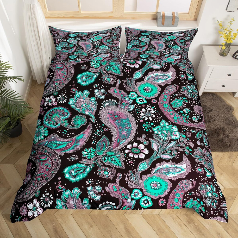 (Black Teal, Super King(No Comforter)) Paisley Duvet Cover Double, Floral Farmhouse Bohemian Bedding Sets For Kids Boy Girls, Retro Damask Egyptian Soft No Comforter Bed Set, Exotic Boho