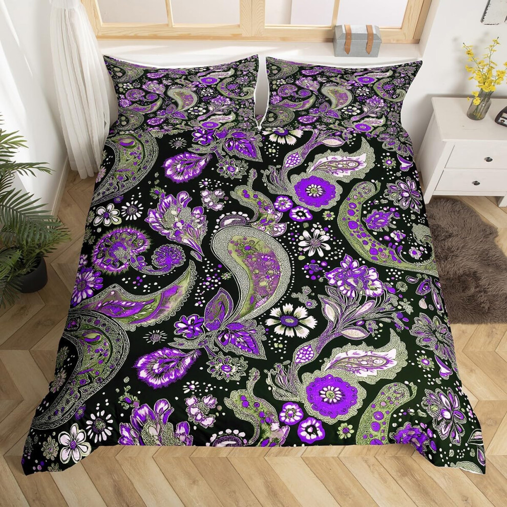 (Black Purple, Super King(No Comforter)) Paisley Duvet Cover Double, Floral Farmhouse Bohemian Bedding Sets For Kids Boy Girls, Retro Damask Egyptian Soft No Comforter Bed Set, Exotic Boho