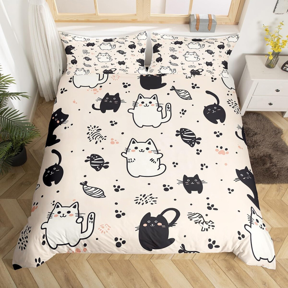 (White Black, Single(No Comforter)) Cartoon Cat Double Bedding Set Bohemian Flowers Comforter Cover,Colorful Groovy Florals Duvet Cover Vintage Printed Cute Animlas Quilt Cover