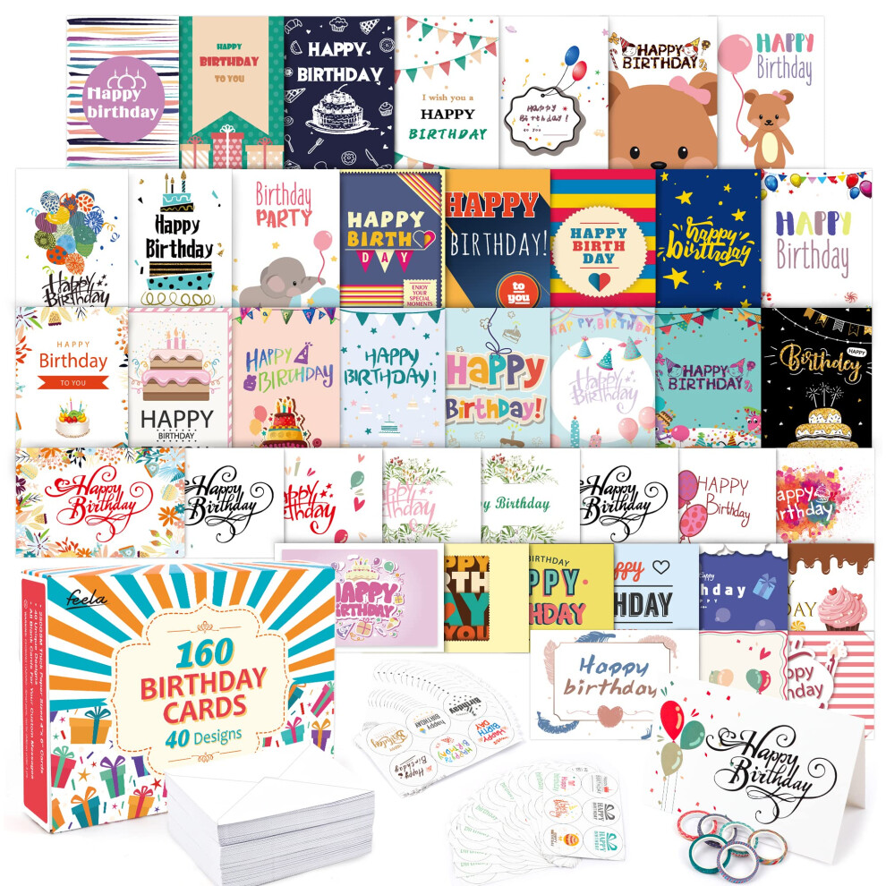 Feela Geburtstagskarten, Gro?Packung, 160 St?Ck, 40 Designs, Happy Birthday-Karten-Sortiment, Box Mit 160 Leeren Umschl?Gen, 168 Aufklebern, 6 Wa-image
