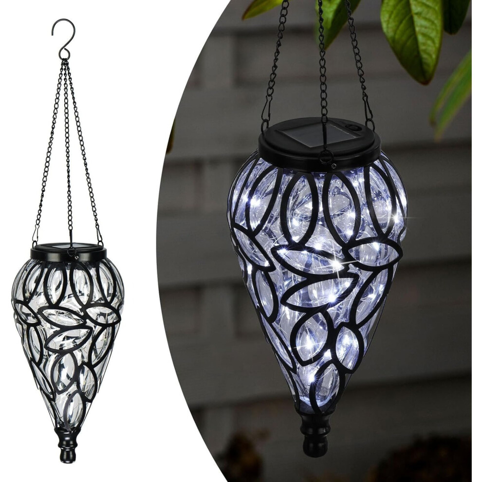 (Transparent) Taylor & Brown Solar Hanging Lantern - Decorative Handblown Plastic Teardrop Hanging Lantern Light with 15 LED Lights
