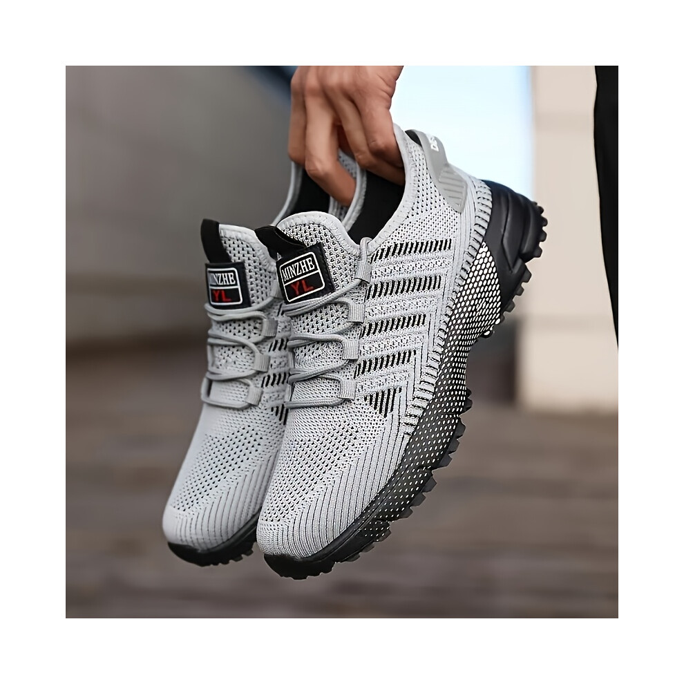 Bghone (Grey, 8.5) [Everyday Comfort] Men's Breathable Non-Slip Athletic Sneakers - Yellow & Black Mesh Design, Lightweight Running Shoes