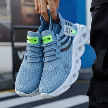 (Blue, 6.5) Men's & Women's Breathable Classic Running Shoes - Lightweight Outdoor Platform Sneakers with EVA Cushioning, Black/White/Green Striped Design
