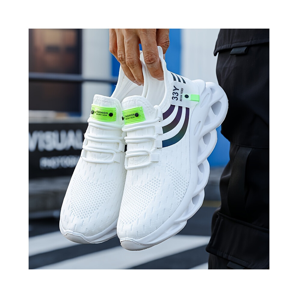 Bghone (White, 10) Men's & Women's Breathable Classic Running Shoes - Lightweight Outdoor Platform Sneakers With Eva Cushioning, Black/White/Green Striped De