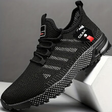 (Black, 5.5) [Breathable Knit] Men's Breathable Knit Running Shoes | Comfortable, Non-Slip | Outdoor Activities | Black & Red Accents, Casual Footwear