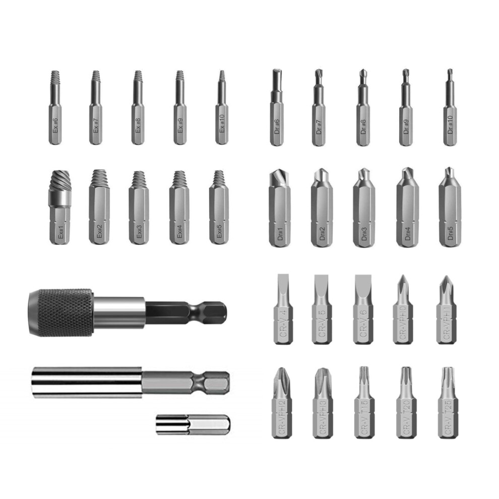33pcs Damaged Screw Extractor Set with Screwdriver Bits Extension Bit Holder for Broken Screw HSS Broken Bolt Extractor Screw Remover Kits
