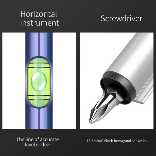 (Blue) Mini Portable Pen Type Level With Hexagonal Drill Bit Screwdriver Ruler 2