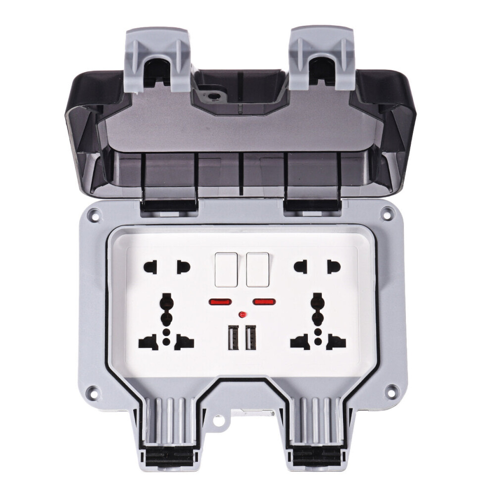 (Double+USB jack) IP66 Weatherproof Outdoor BOX Wall Socket 13A Double Universal / UK Switched Outlet With USB Charging Port