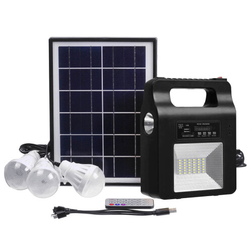 (Black) Portable bluetooth Solar Generator System Emergency LED Light Bulb Camping Radio Player+Remote Control