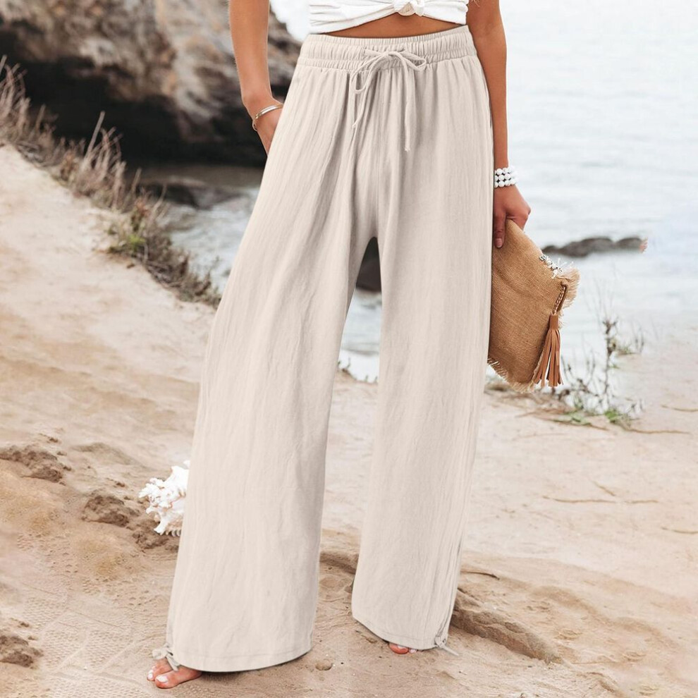 (khaki, XXL) Women's Pant Casual Loose High Waist Cotton Linen Wide Leg Long Pants With Pockets