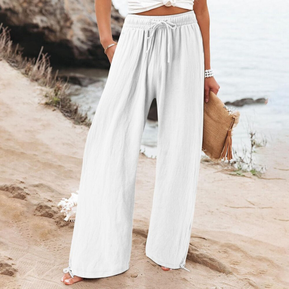 (white, L) Women's Pant Casual Loose High Waist Cotton Linen Wide Leg Long Pants With Pockets