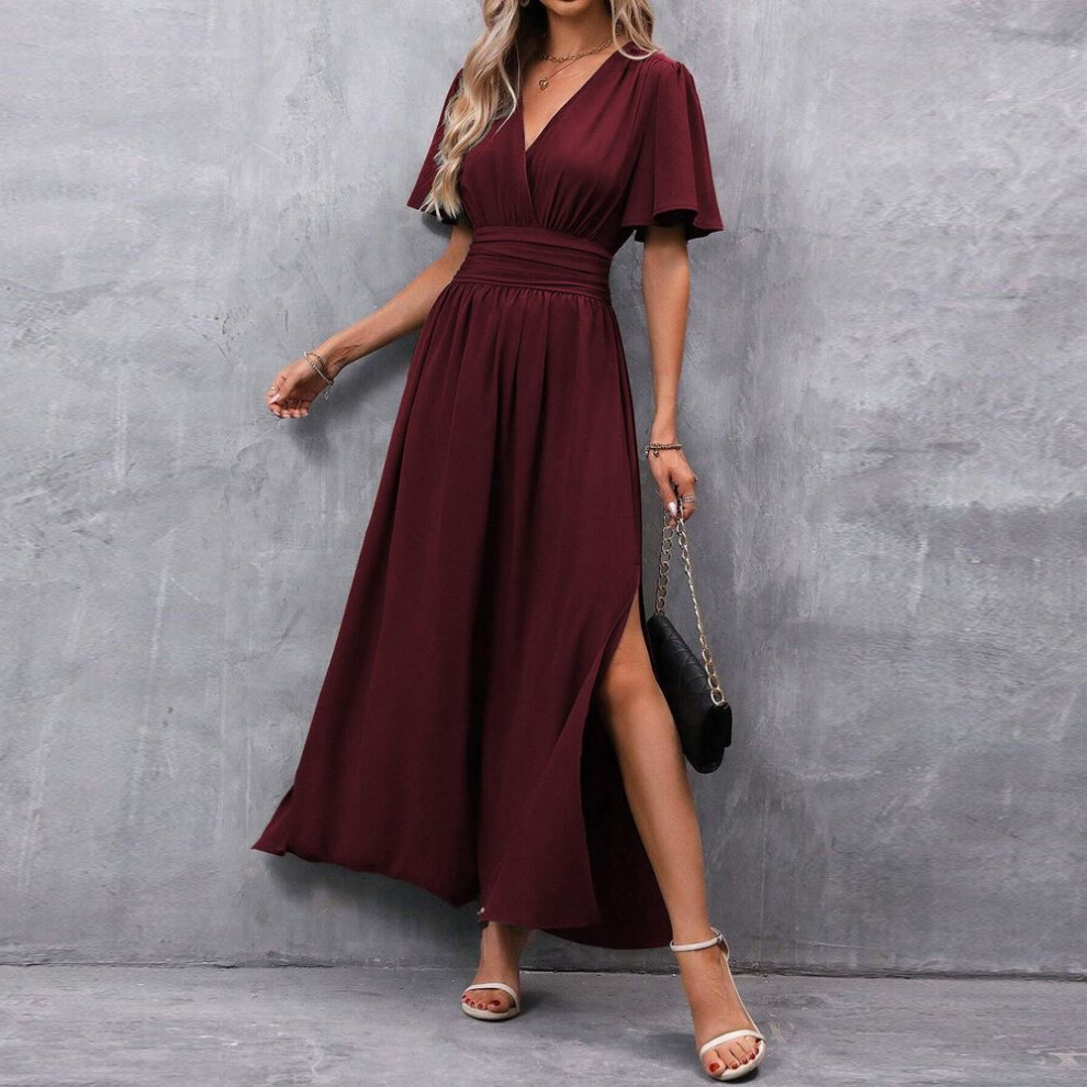 (wine, M) Women's Fashionable Solid Color V Neck Temperament Elegant Short Sleeved Waist Tied High Slit Long Dress