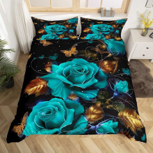 (Teal, Single(No Comforter)) Homewish Rose Theme Double Bedding Set For Adults Men Women,Yellow Roses Flowers Comforter Cover Romantic Valentine'S Day Duvet Cover Botanical