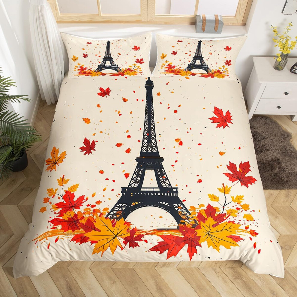 (, Double(No Comforter)) Homewish Paris Bedding Set Romantic Eiffel Tower Painting Comforter Cover,Fall Leaves Cityscape Duvet Cover Double Pari Orange