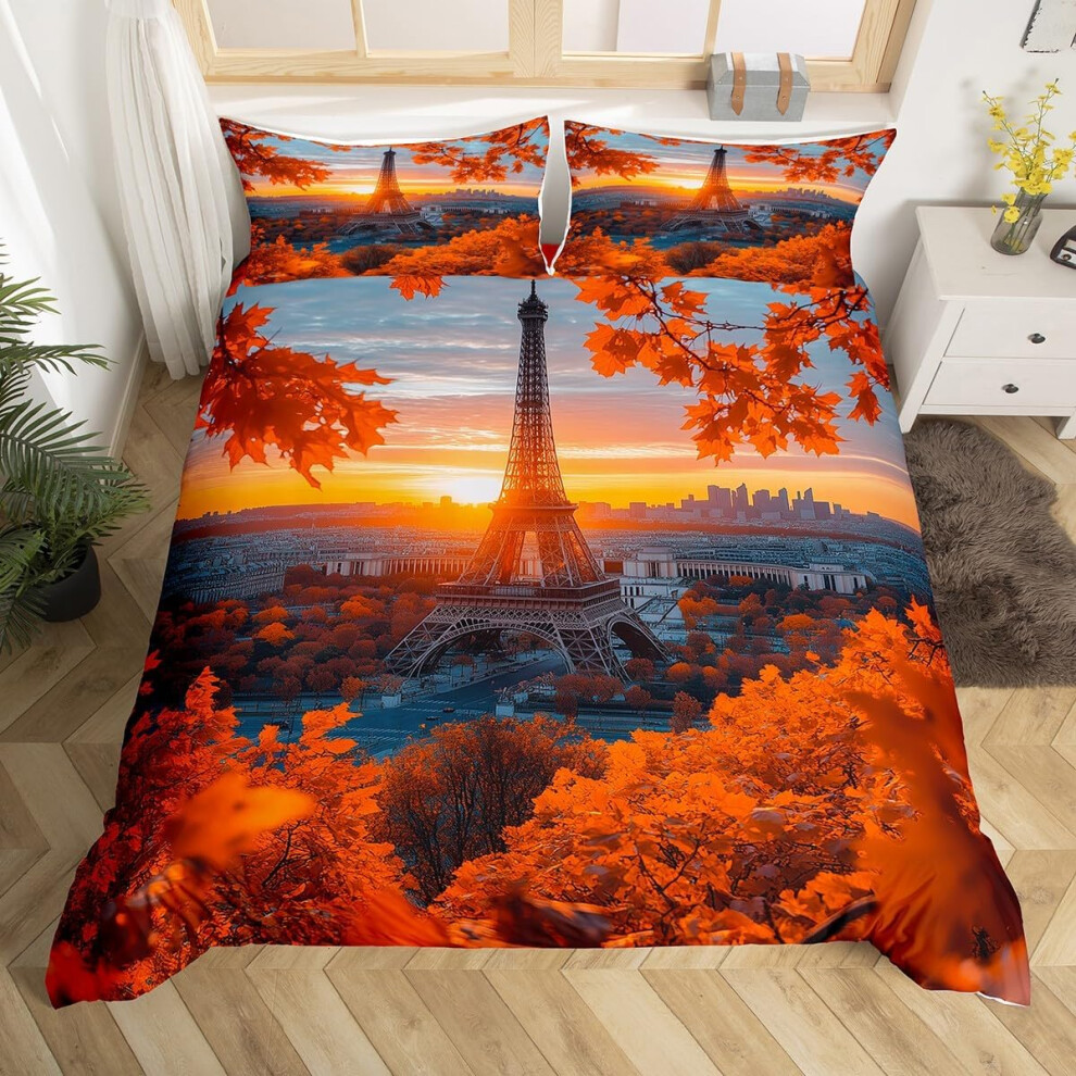 ( Gary, Double(No Comforter)) Homewish Paris Bedding Set Romantic Eiffel Tower Painting Comforter Cover,Fall Leaves Cityscape Duvet Cover Double Orange