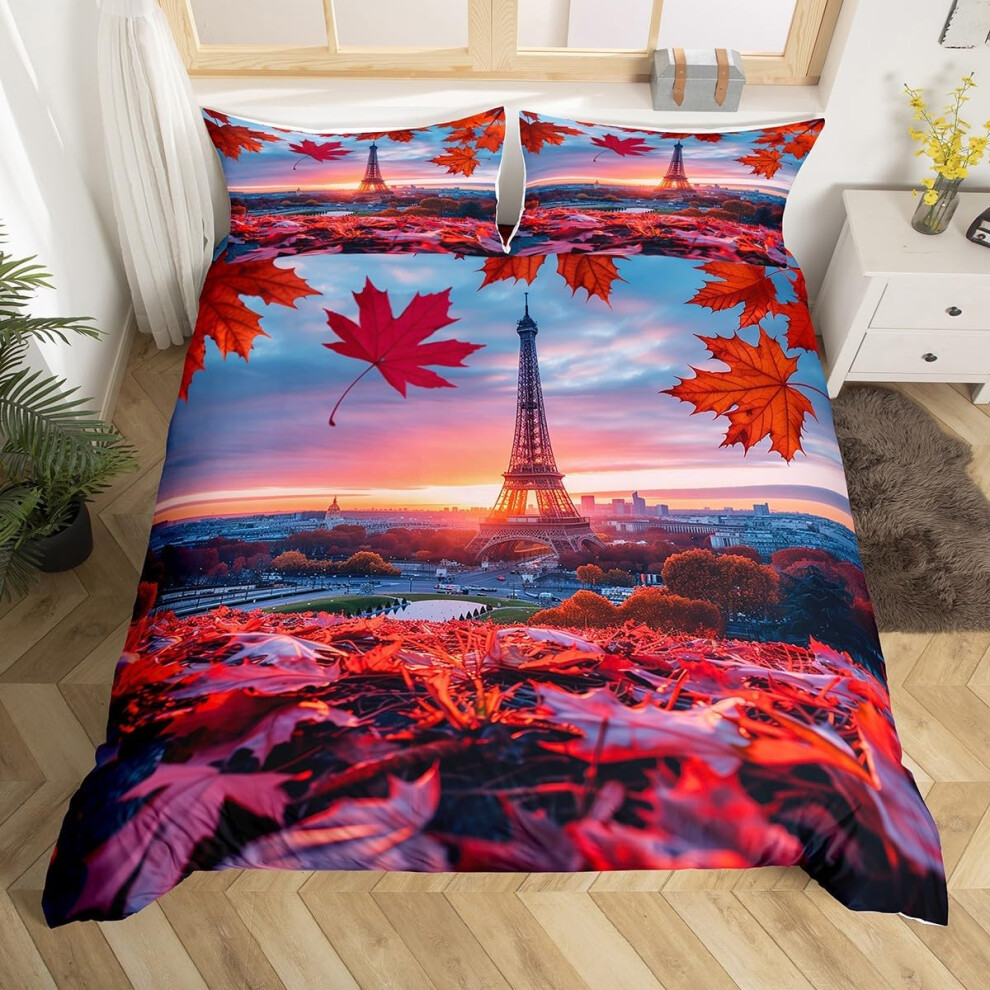 ( Gary, King(No Comforter)) Homewish Paris Bedding Set Romantic Eiffel Tower Painting Comforter Cover,Fall Leaves Cityscape Duvet Cover Double Pari Red