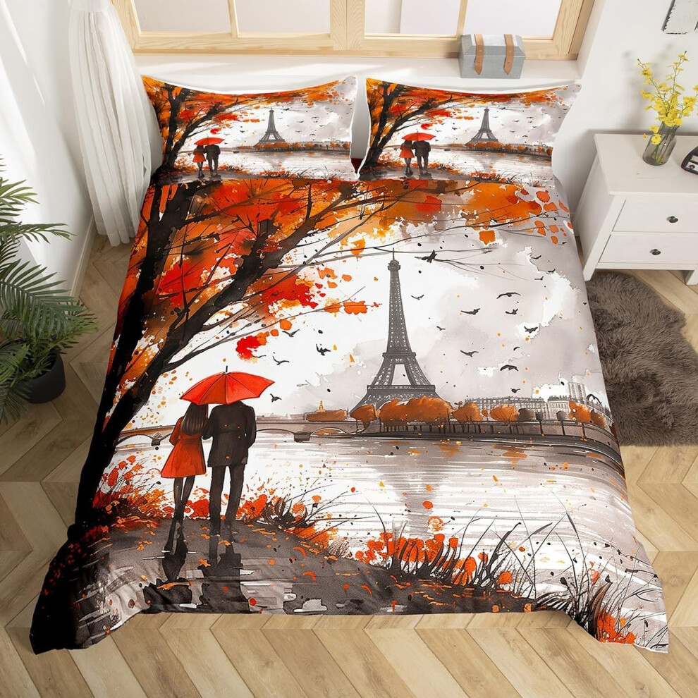 (, Single(No Comforter)) Homewish Paris Bedding Set Romantic Eiffel Tower Painting Comforter Cover,Fall Leaves Cityscape Duvet Cover Double Pari Orange