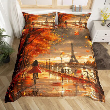 (Orange, Super King(No Comforter)) Homewish Paris Bedding Set Romantic Eiffel Tower Painting Comforter Cover,Fall Leaves Cityscape Duvet Cover Double Paris Gifts Bed Set for Woman