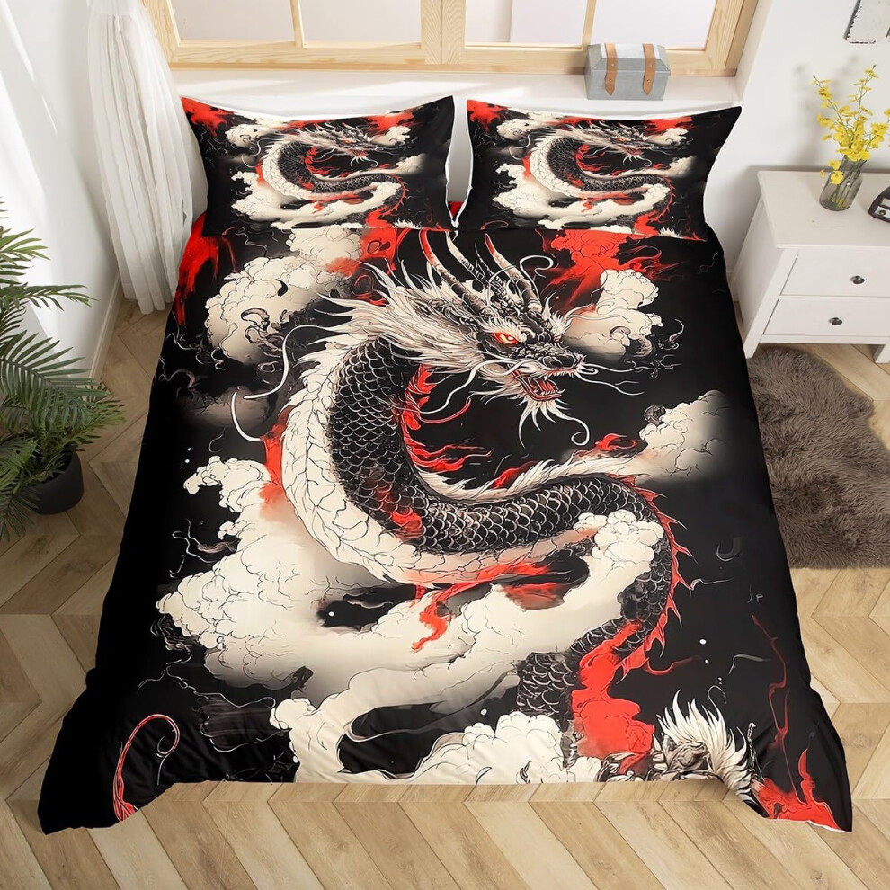 (Black White Red, Double(No Comforter)) Homewish Samurai Duvet Cover Cherry Blossoms Bedding Set Double,Japanese Style Comforter Cover Red Sunset Ink