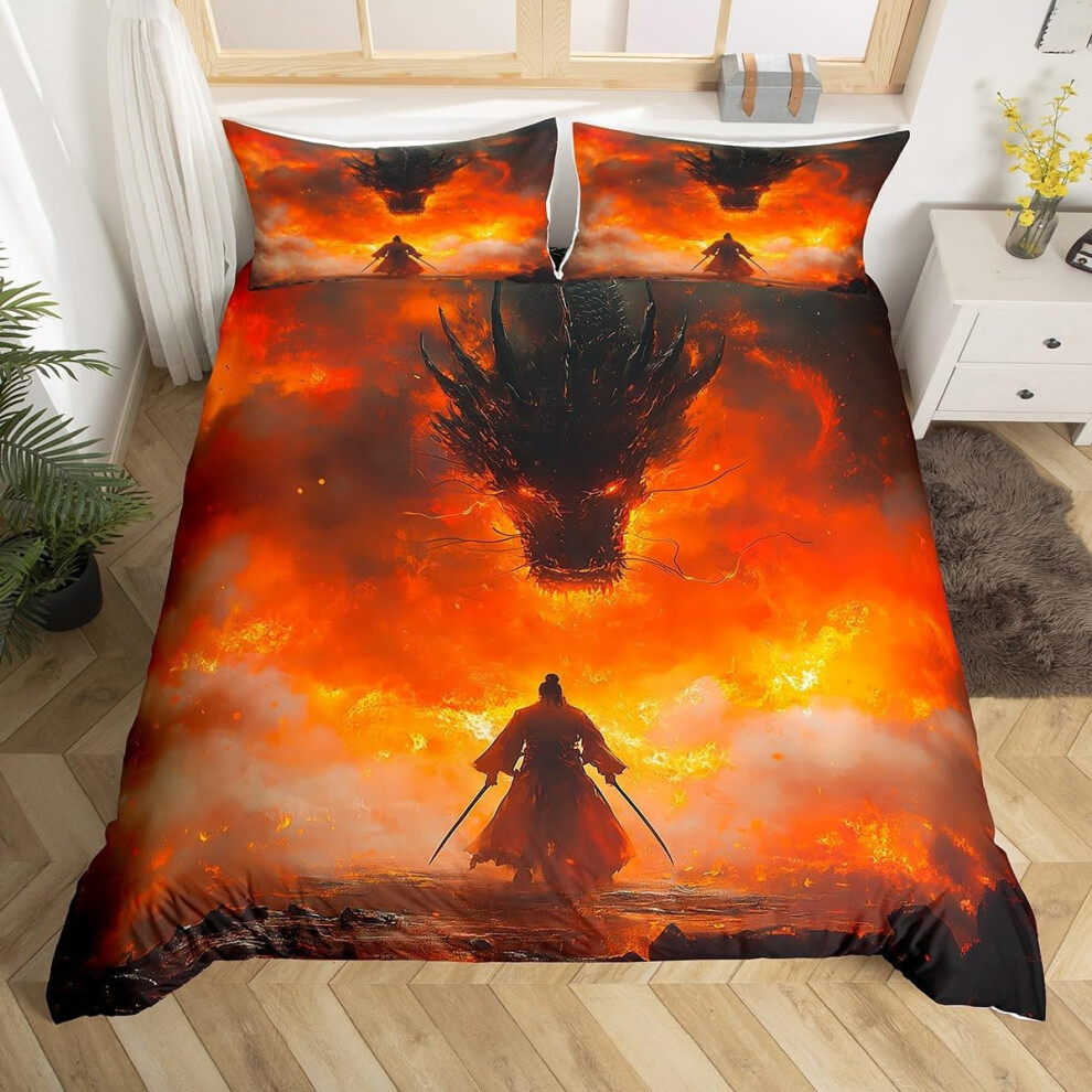 (Black Red, Double(No Comforter)) Homewish Samurai Duvet Cover Cherry Blossoms Bedding Set Double,Japanese Style Comforter Cover Red Sunset Ink Silhou