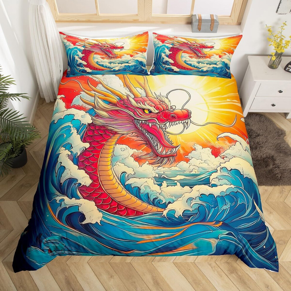 (Blue Red Yellow, Double(No Comforter)) Homewish Samurai Duvet Cover Cherry Blossoms Bedding Set Double,Japanese Style Comforter Cover Red Sunset Ink