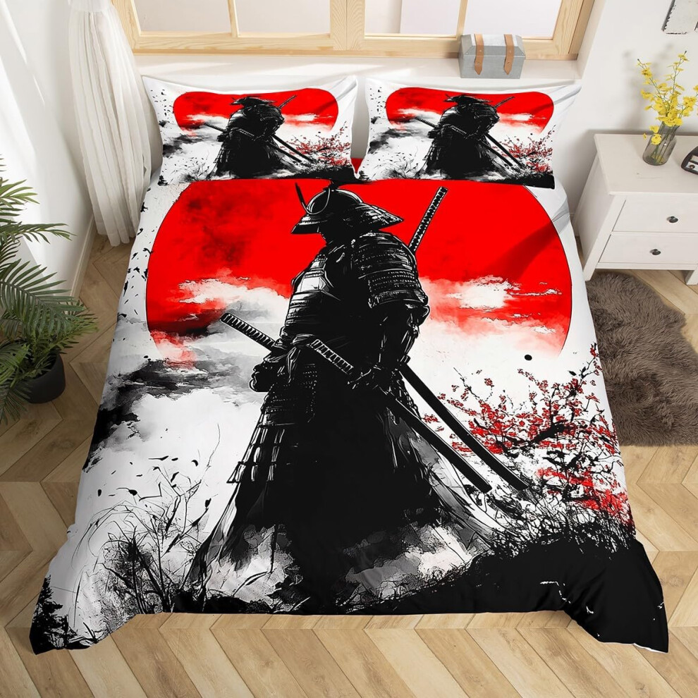 (Red Black, King(No Comforter)) Homewish Samurai Duvet Cover Cherry Blossoms Bedding Set Double,Japanese Style Comforter Cover Red Sunset Ink Silhouette Bed Cover for Boys Men