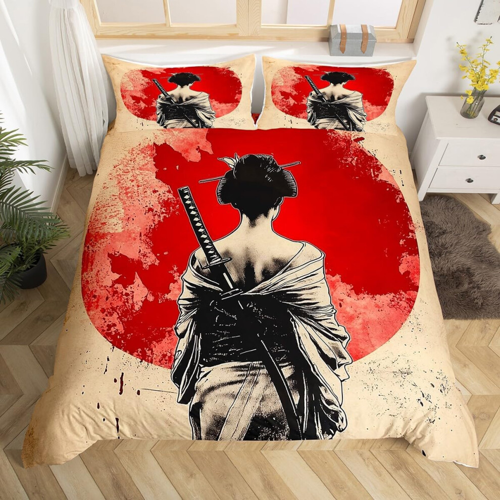 (Yellow Red, King(No Comforter)) Homewish Samurai Duvet Cover Cherry Blossoms Bedding Set Double,Japanese Style Comforter Cover Red Sunset Ink Silhoue