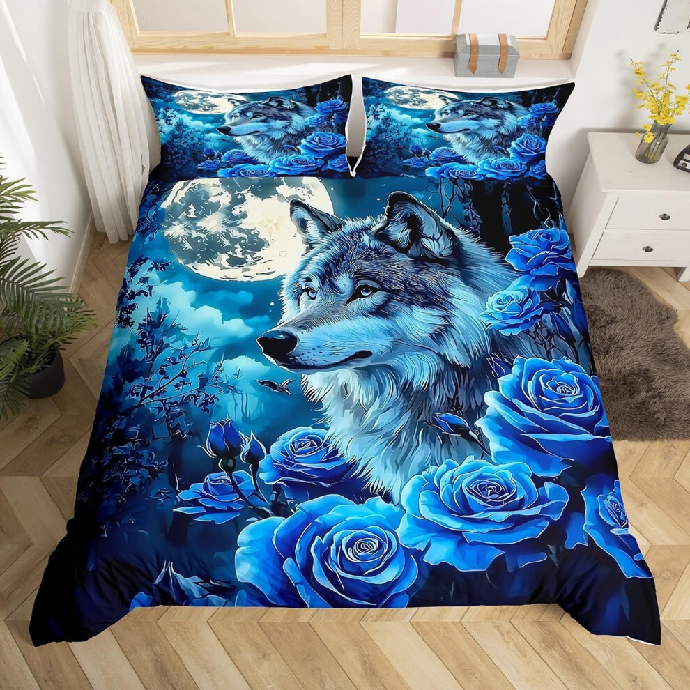 (Blue, Single(No Comforter)) Homewish Samurai Duvet Cover Cherry Blossoms Bedding Set Double,Japanese Style Comforter Cover Red Sunset Ink Silhouette Bed Cover for Boys Men