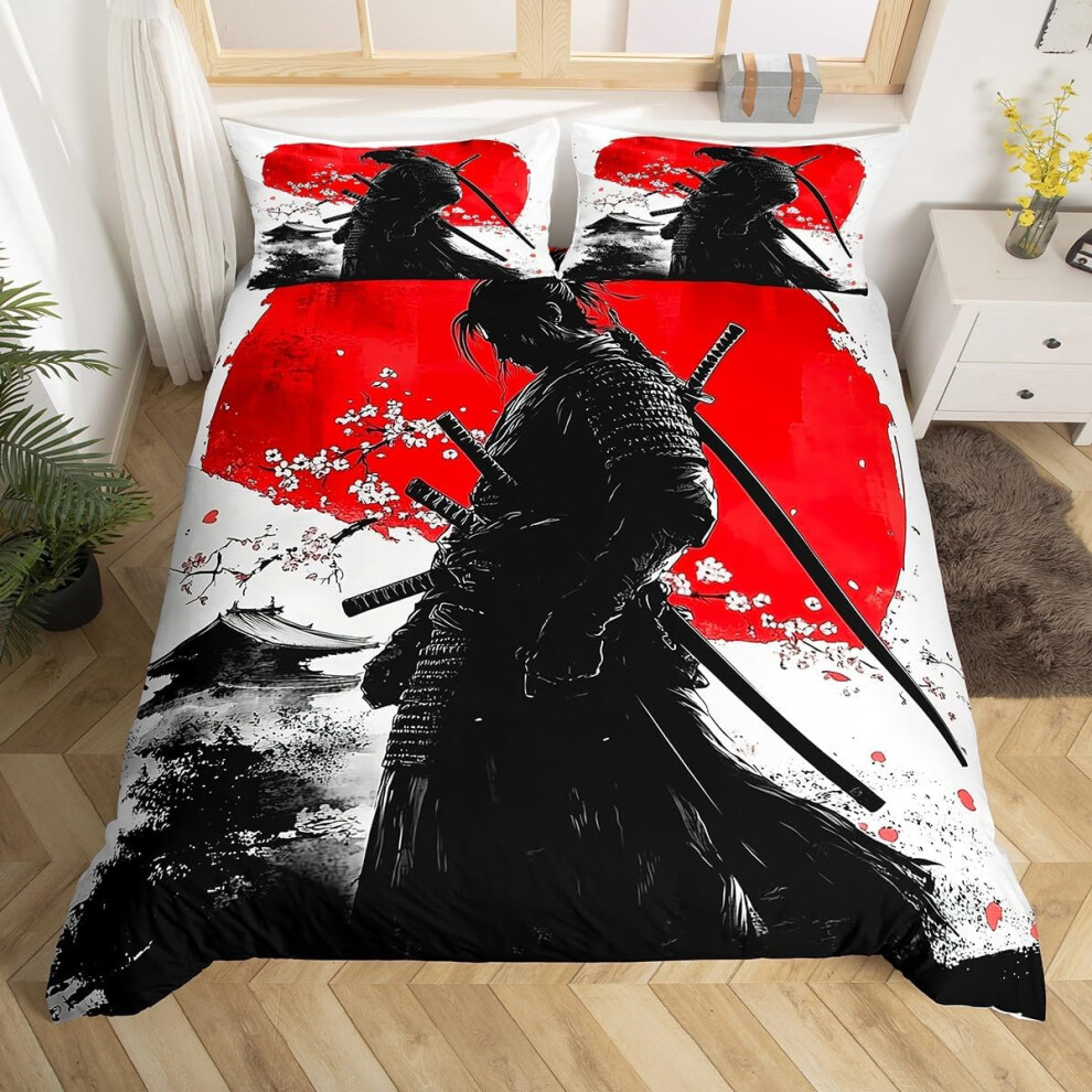 (Black Red White, Single(No Comforter)) Homewish Samurai Duvet Cover Cherry Blossoms Bedding Set Double,Japanese Style Comforter Cover Red Sunset Ink Silhouette Bed Cover for Boys Men