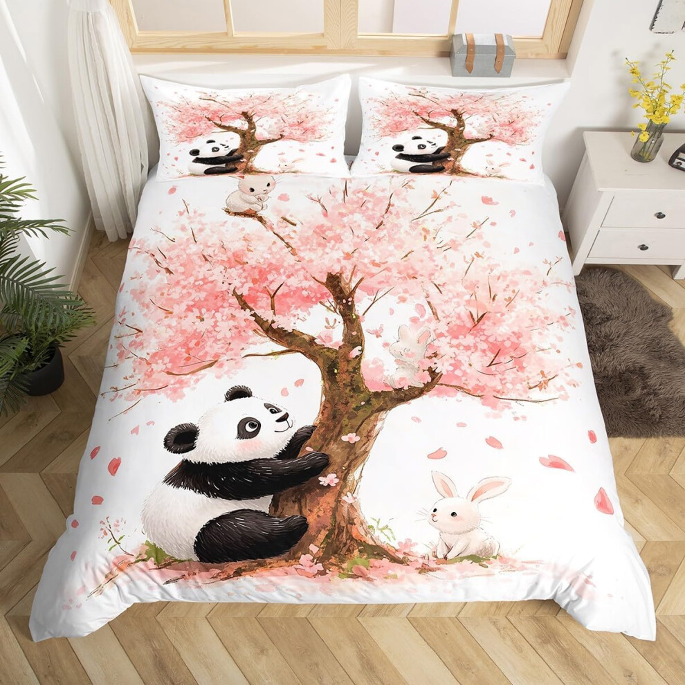 (Pink White, Single(No Comforter)) Homewish Samurai Duvet Cover Cherry Blossoms Bedding Set Double,Japanese Style Comforter Cover Red Sunset Ink Silhouette Bed Cover for Boys Men