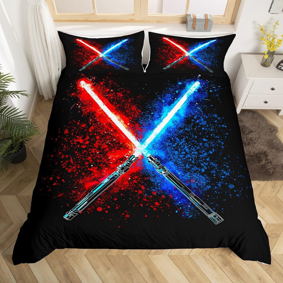 (Red Blue, Single(No Comforter)) Homewish Samurai Duvet Cover Cherry Blossoms Bedding Set Double,Japanese Style Comforter Cover Red Sunset Ink Silhoue