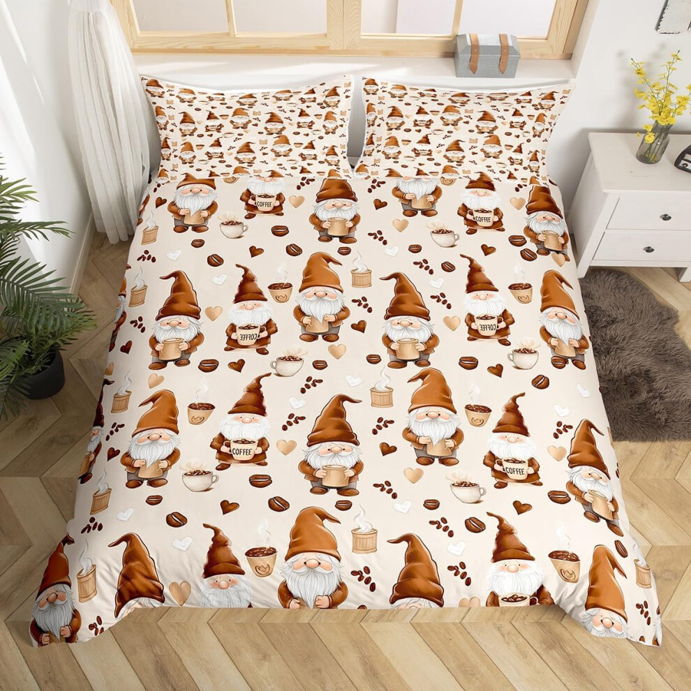 (Brown Yellow, King(No Comforter)) Coffee Gnome Bedding Set Double,Cartoon Gnome for Coffee Lovers Duvet Cover,Brown And White Gnome Comforter Cover f