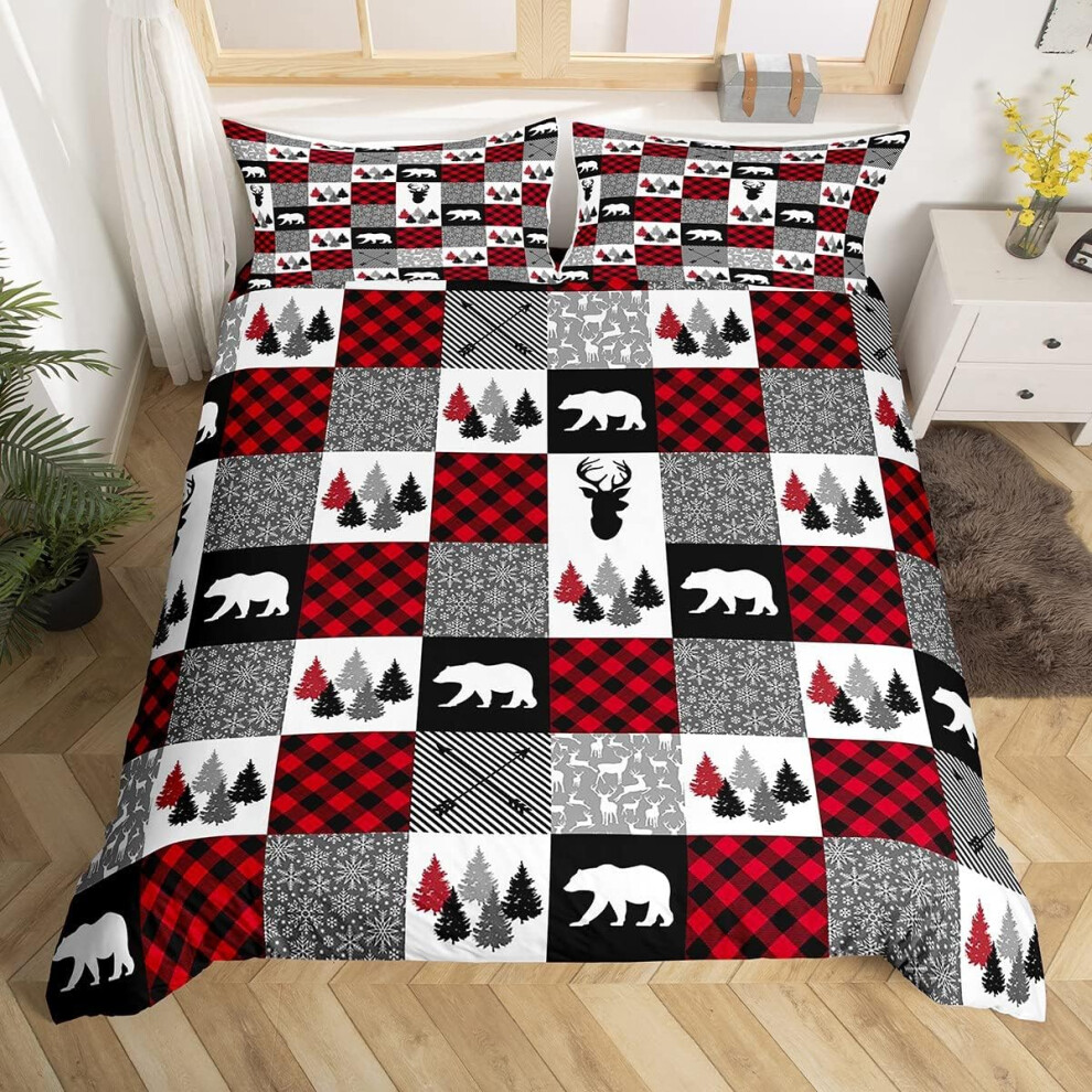((No Comforter)) Xmas Elk Deer Bedding Set Double Size Snowflake Christmas Tree Duvet Cover For Kids Child,Tribal Arrow Bear Animal Comforter Cover Geometric Red