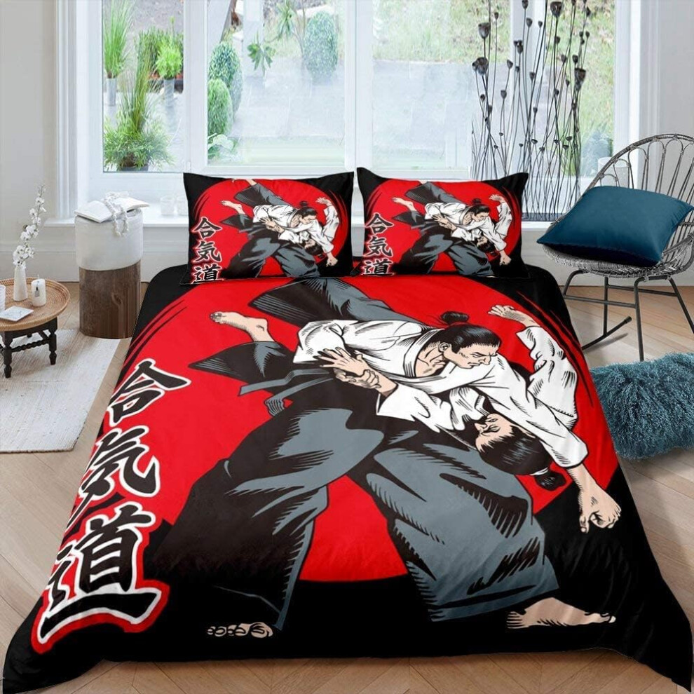 ((No Comforter)) Japanese Comforter Cover Samurai Bedding Set Karate Duvet Cover For Kids Teen Boys Young Man Japanese Culture Sunset Quilt Cover With 1 Pillow Case Do