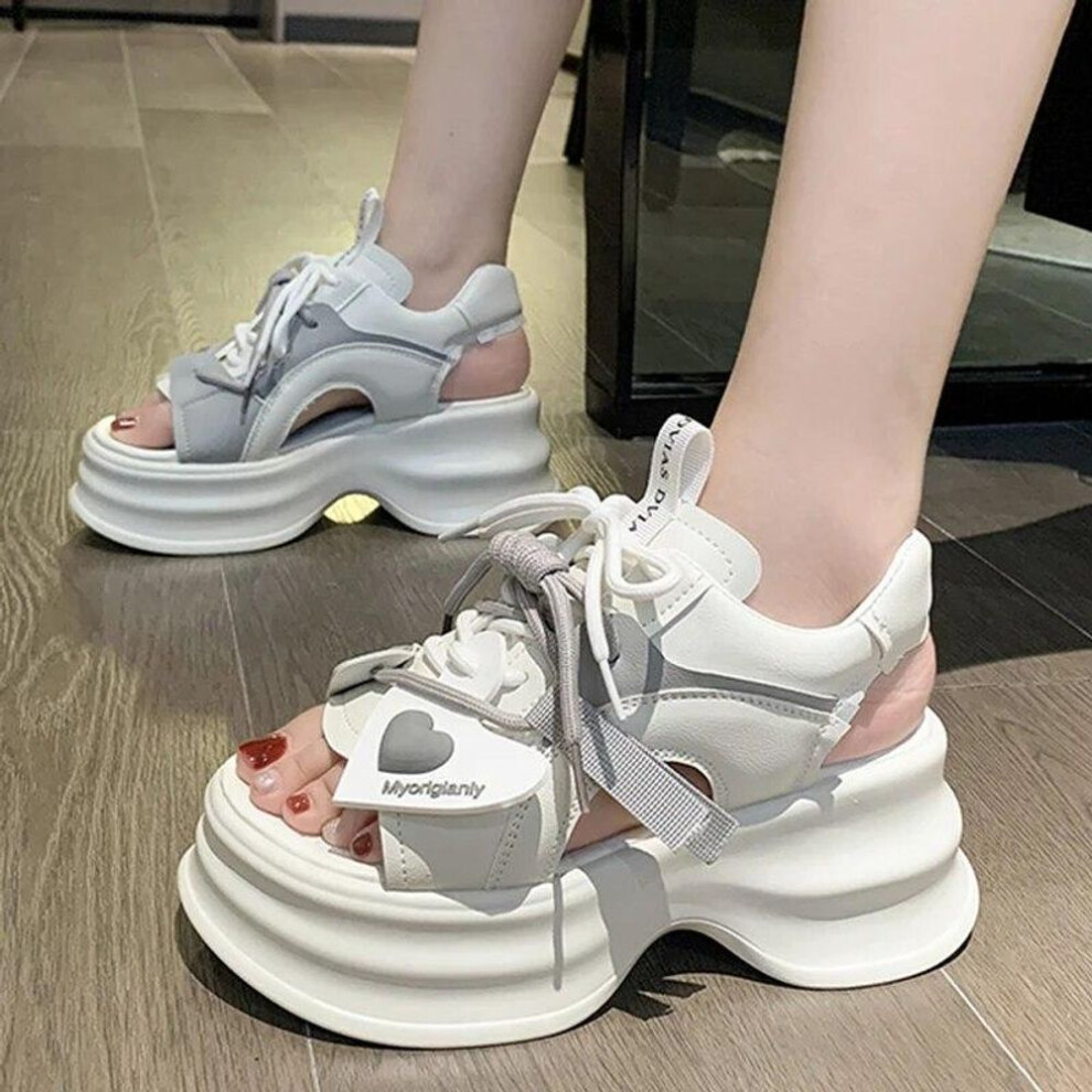 (white, 38) Fashion Sports Platform Sandals Women Summer Thick Bottom Wedge Walking Shoes Woman Peep Toe Lace Up Chunky Sandalias