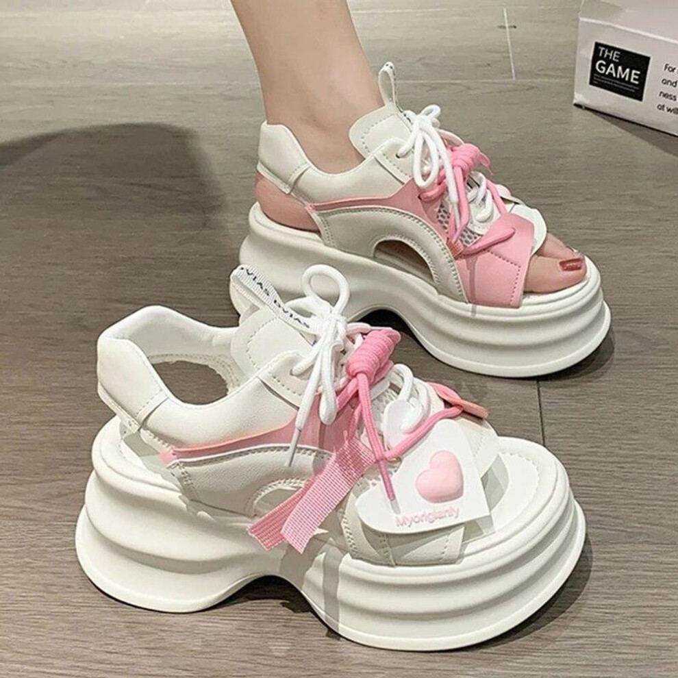 (pink, 36) Fashion Sports Platform Sandals Women Summer Thick Bottom Wedge Walking Shoes Woman Peep Toe Lace Up Chunky Sandalias